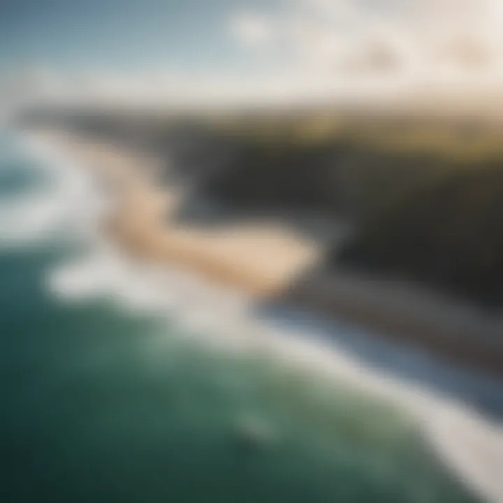 An aerial view of diverse terrains suitable for kiteboarding on land including fields and dunes