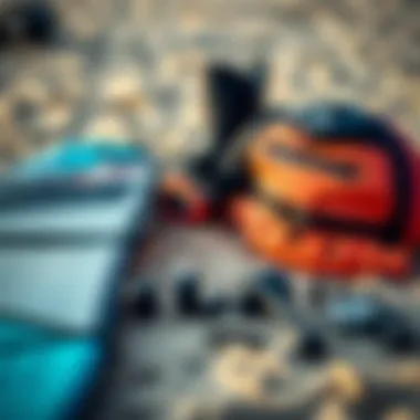 Kitesurfing Equipment Essential kitesurfing gear laid out on the sand