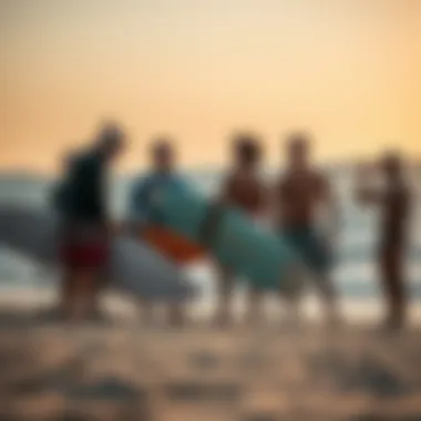 A group of surfers sharing stories on the beach