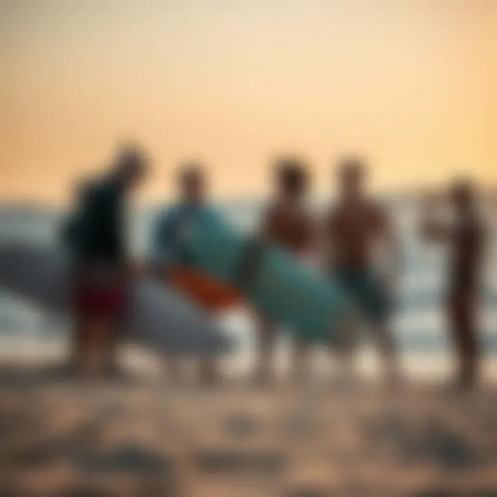 A group of surfers sharing stories on the beach