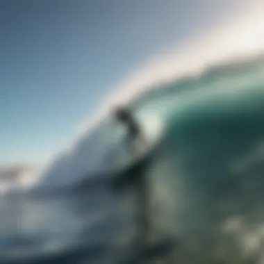 A surfboard equipped with Mark Richards fins in action on a wave.