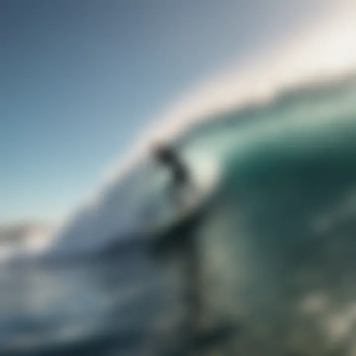 A surfboard equipped with Mark Richards fins in action on a wave.