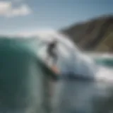 A surfer demonstrating perfect balance on a wave