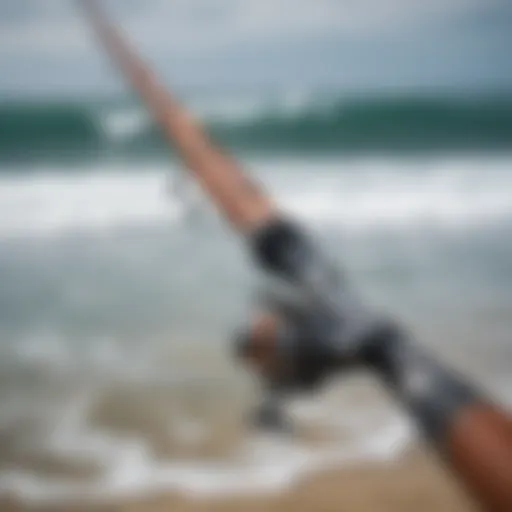 Close-up of surf fishing rod setup with essential components