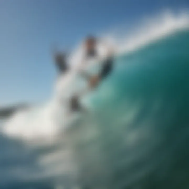 A group of surfers discussing tips for performing a backflip