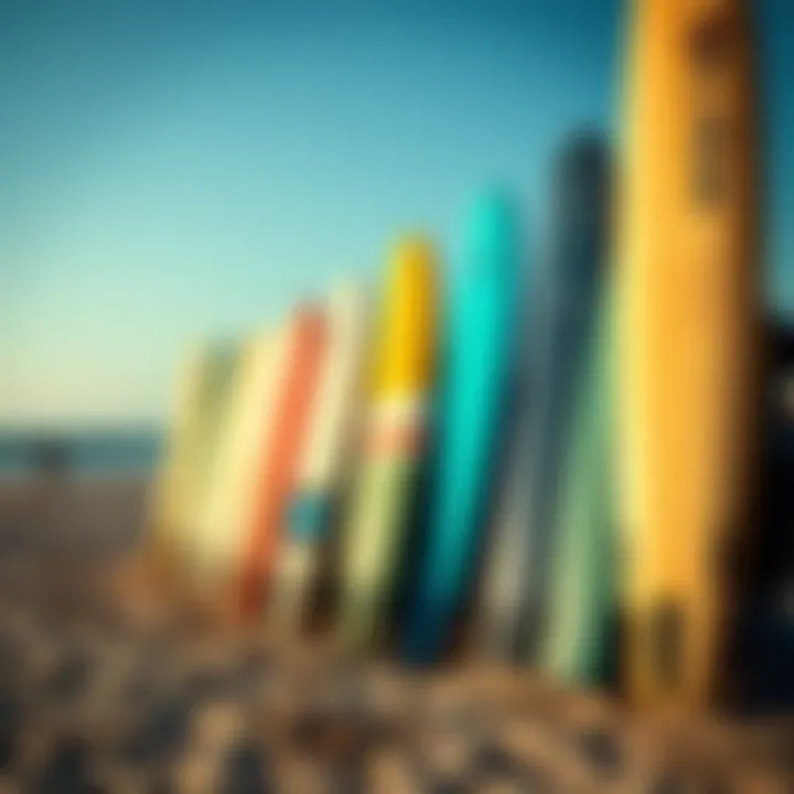 Surfboards Awaiting Adventure Surfboards lined up on the sandy beach ready for action