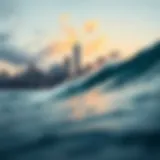 City skyline juxtaposed with ocean waves