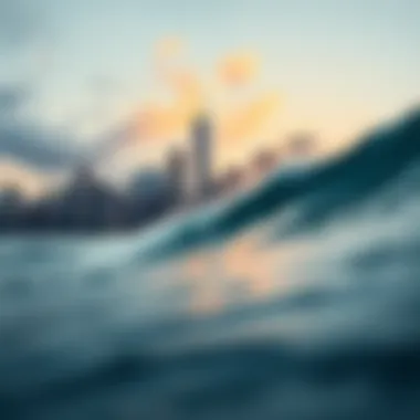 City skyline juxtaposed with ocean waves