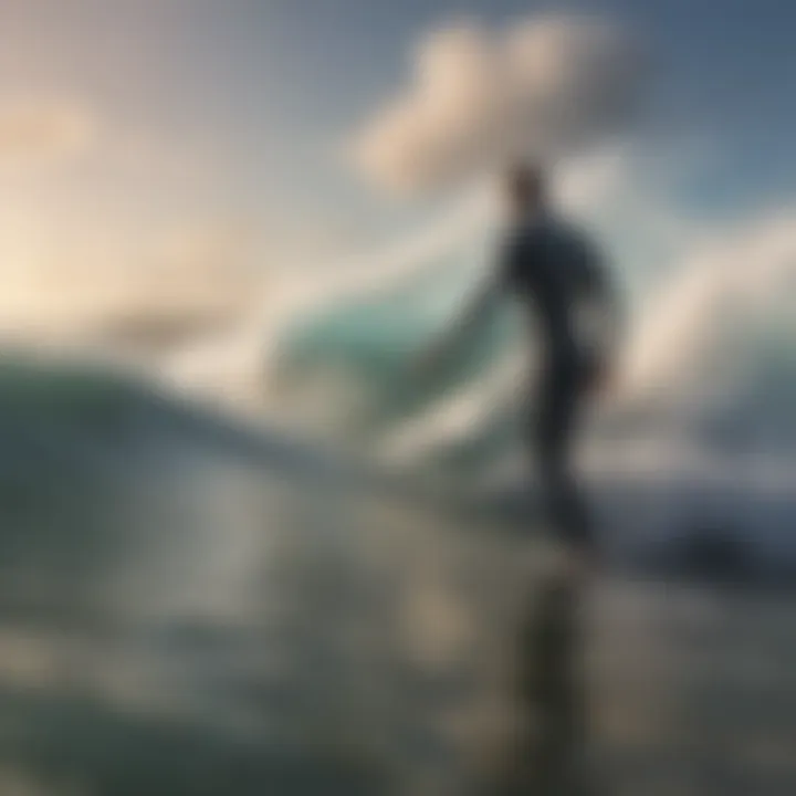 Surfer assessing wave conditions with wind in the background