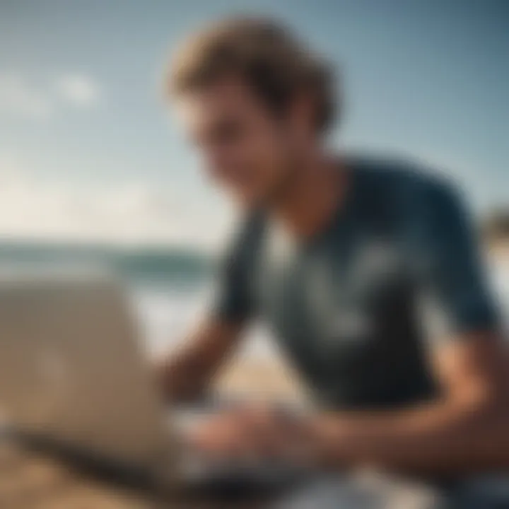 An enthusiastic surfer reading reviews on a laptop