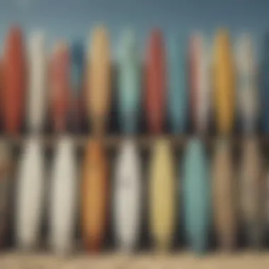 A vibrant selection of various surfboard types displayed on a rack