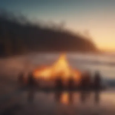 A vibrant community of surfers enjoying a bonfire on the beach