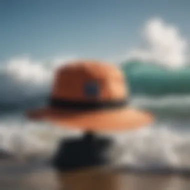 Ocean waves crashing with surf bucket hat in the foreground