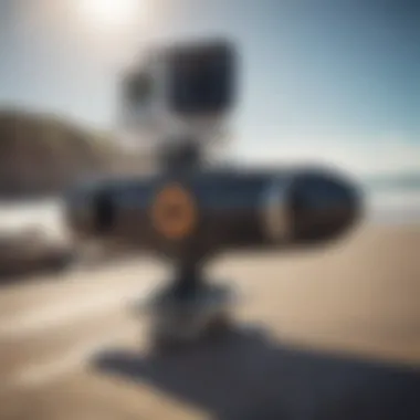 Close-up of an action camera mounted on a skateboard