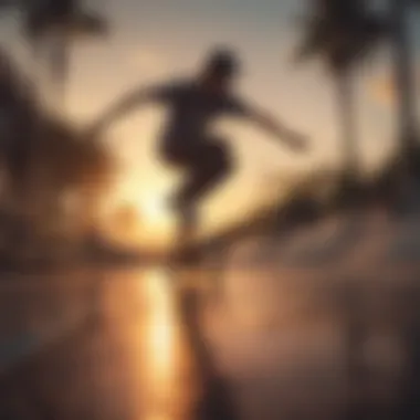 A skateboarder capturing footage during a sunset