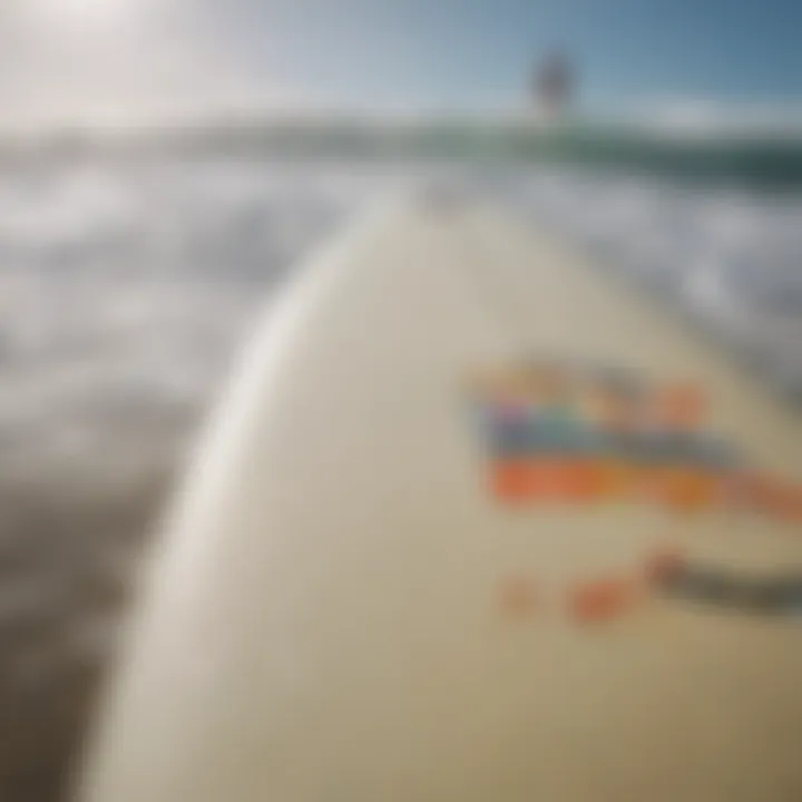 Close-up of a surfboard with strategically placed stickers