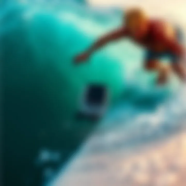 Surfing with GoPro An action shot of a surfer riding a wave with a GoPro mounted on the mouthpiece