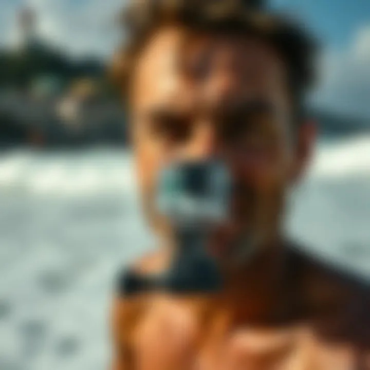 Showcasing Versatile GoPro Mounts A surfer showcasing the versatility of GoPro mouth mounts on the beach