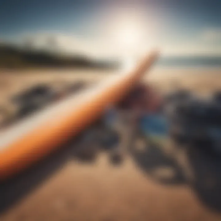 Essential surf gear laid out on the sand