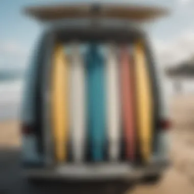 An array of surfboards securely held by a versatile universal rack inside a van