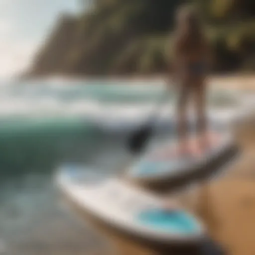 Different types of stand up paddle boards arranged on a beach