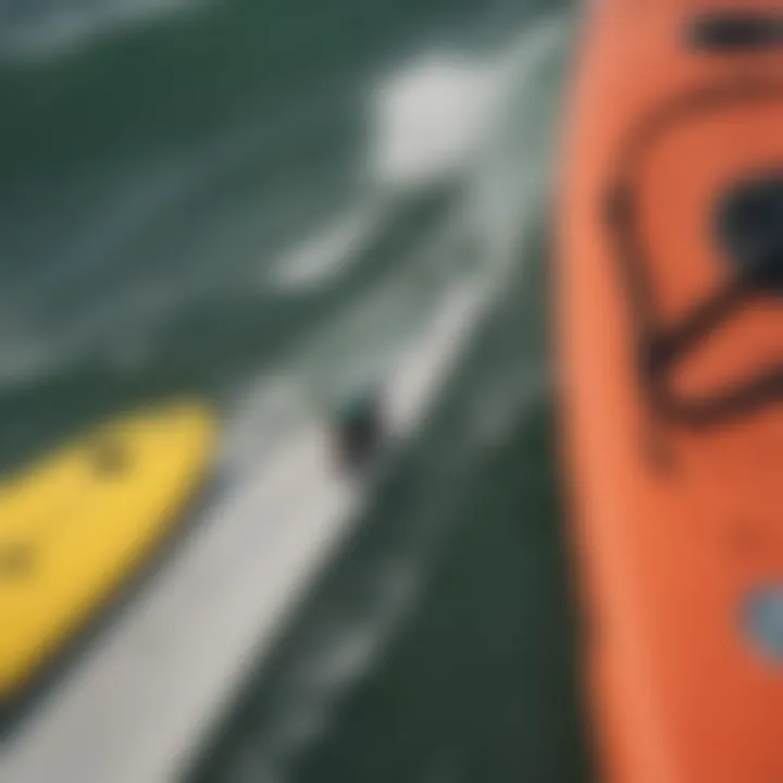 Close-up of paddleboarding gear including a paddle, board, and life vest.