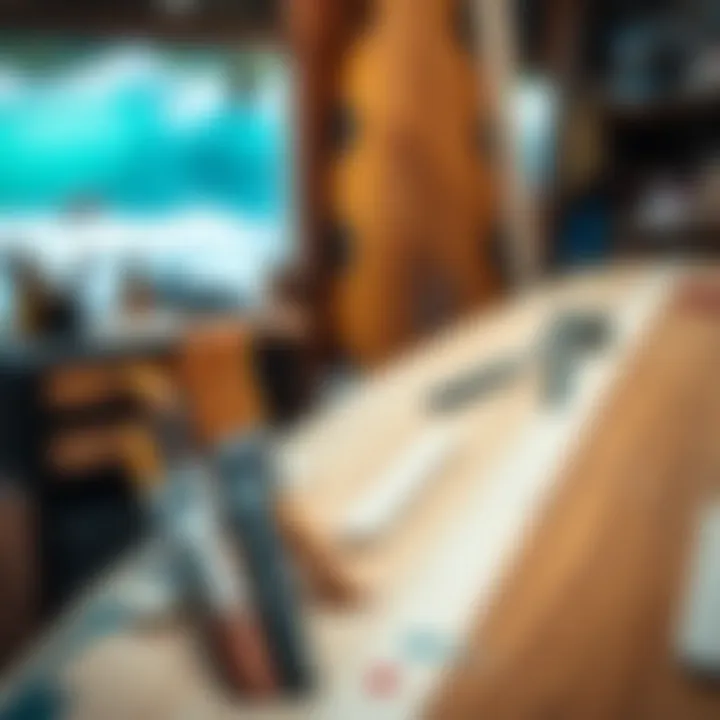 A close-up of paintbrushes and materials used for surfboard artistry, highlighting craftsmanship.