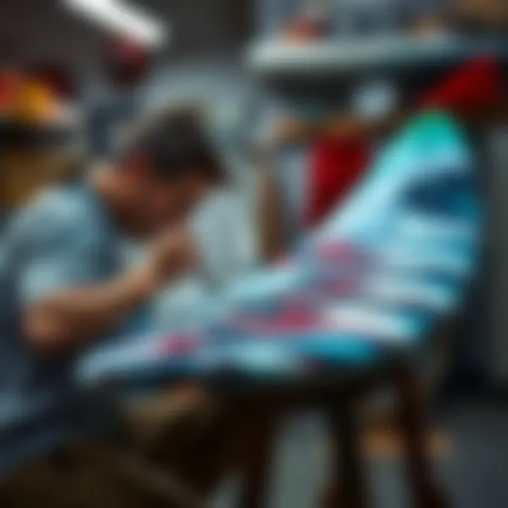 An artist meticulously painting a surfboard, showcasing the creative process.