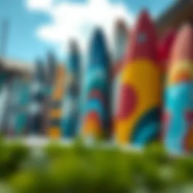 A collection of uniquely designed surfboards lined up, celebrating diverse artistry.