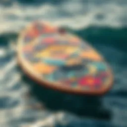 A vibrant surfboard covered in intricate designs and colors, reflecting ocean waves.