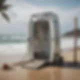 Compact portable shower setup for surfboarders on a beach