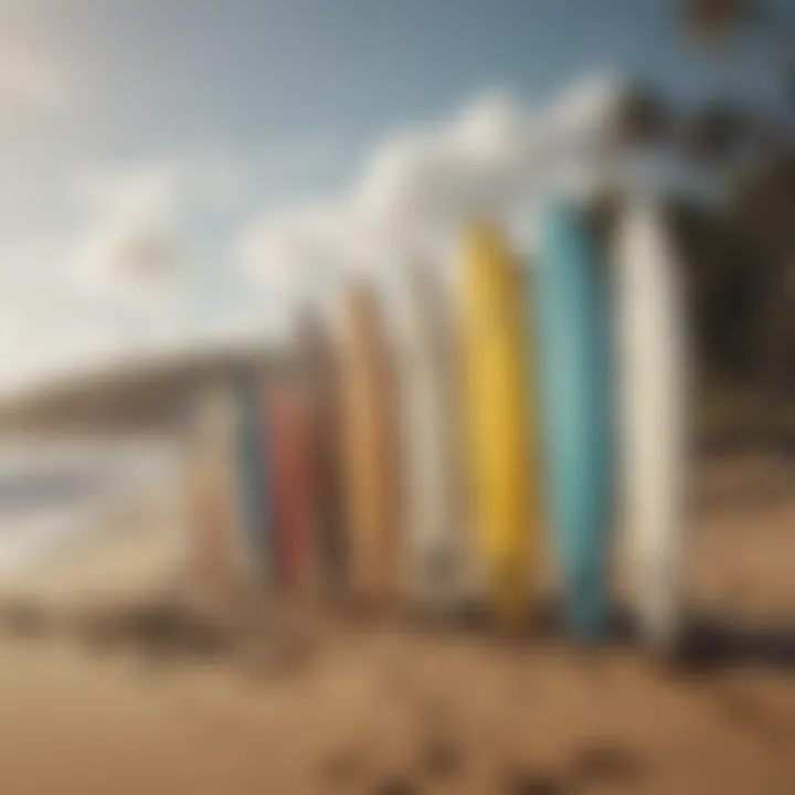 Surfboards lined up on the sandy beach ready for an adventure.