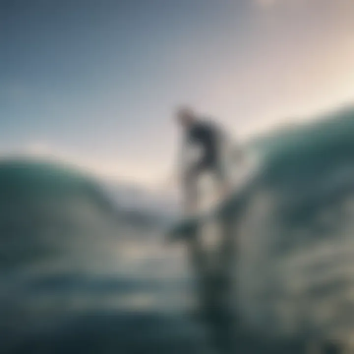 A focused coach providing guidance to a surfer in training