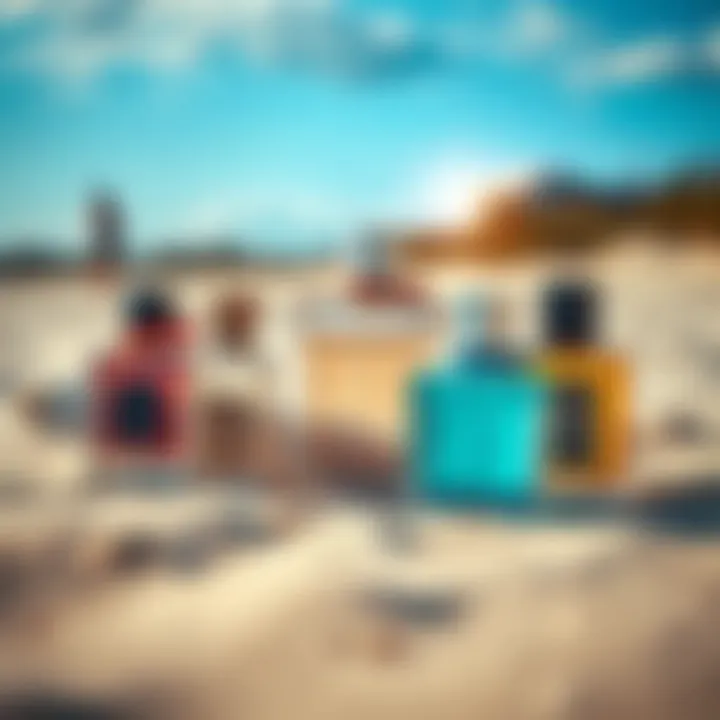 A close-up of surf-inspired perfume bottles arranged on a sandy beach.