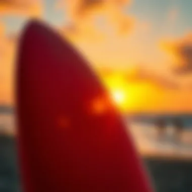 A vibrant surfboard against a sunset backdrop, symbolizing the essence of summer.