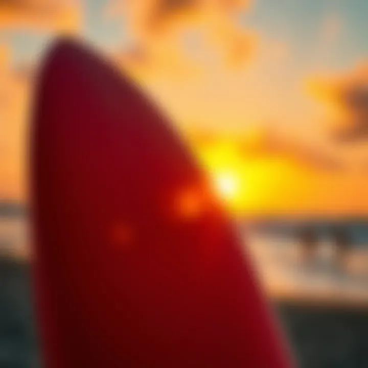 A vibrant surfboard against a sunset backdrop, symbolizing the essence of summer.