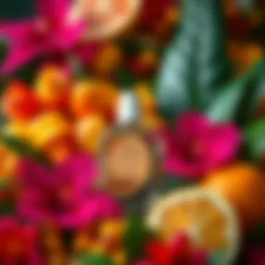 Colorful tropical flowers and citrus fruits representing the notes in summer surf perfumes.