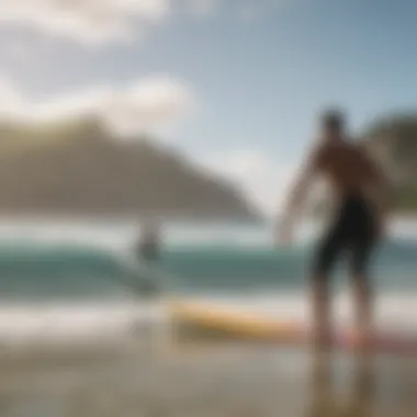 A beginner surfer receiving instruction from an expert on the beach.