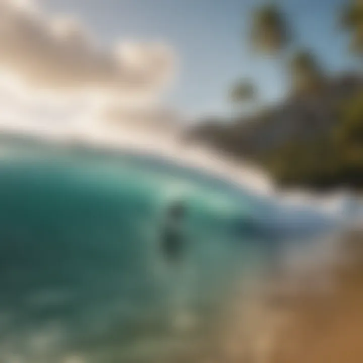 An idyllic scene of surfers riding the gentle waves of Waikiki beach.