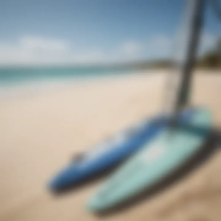 Sailboarding equipment lined up on the beach