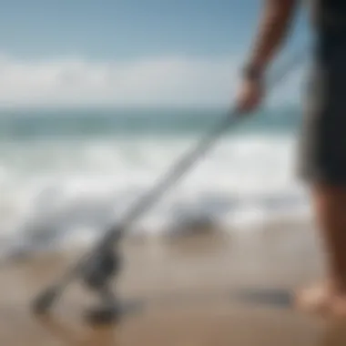 Shimano surf spinning rod being used in a surfcasting scenario Shimano surf spinning rod in action at the beach