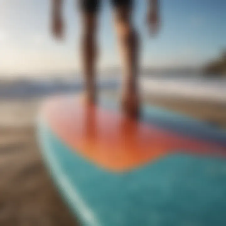 Close-up of skimboard and beach setup