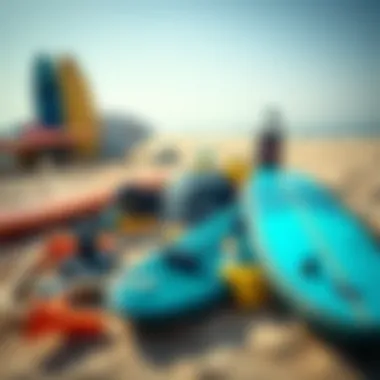 Essential Skinboarding Gear An array of skinboarding gear displayed on a sandy surface