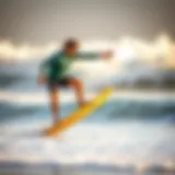 Skillful Skinboarding Tricks A skilled rider performing a trick on a skinboard at the beach