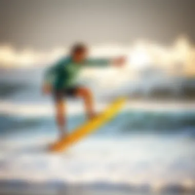 Skillful Skinboarding Tricks A skilled rider performing a trick on a skinboard at the beach