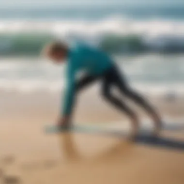 Illustration of a surfer practicing stretching exercises on the beach