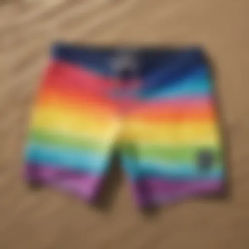 Colorful board shorts displayed on a sandy beach