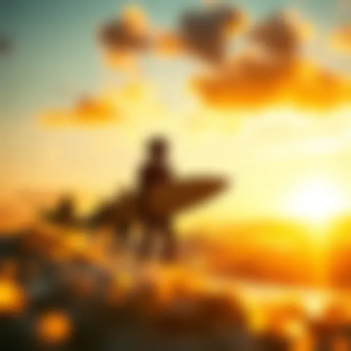 Embracing the Surfing Lifestyle An idyllic sunset view of surfers enjoying the waves, capturing the cultural essence of surfing.