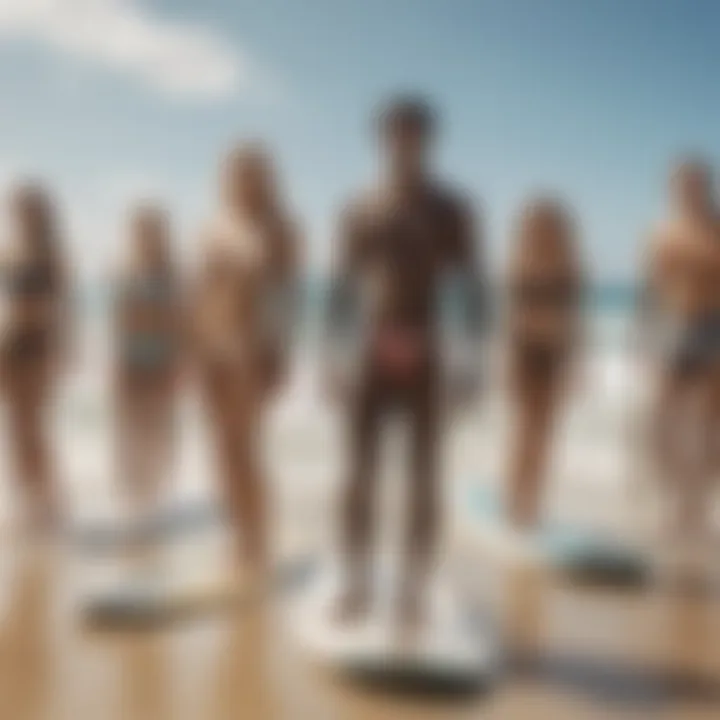 A group of surfers sporting diverse styles on the beach