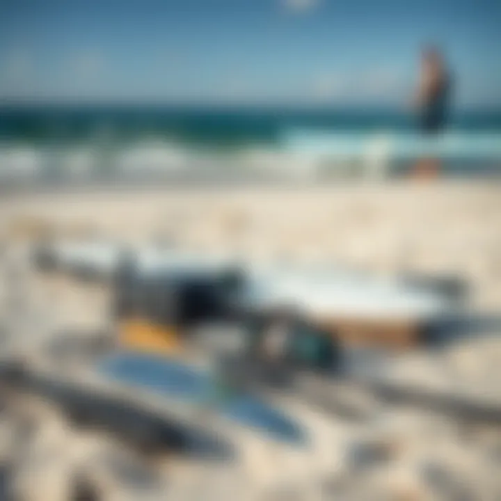 Essential surf fishing gear laid out on Naples sandy beach